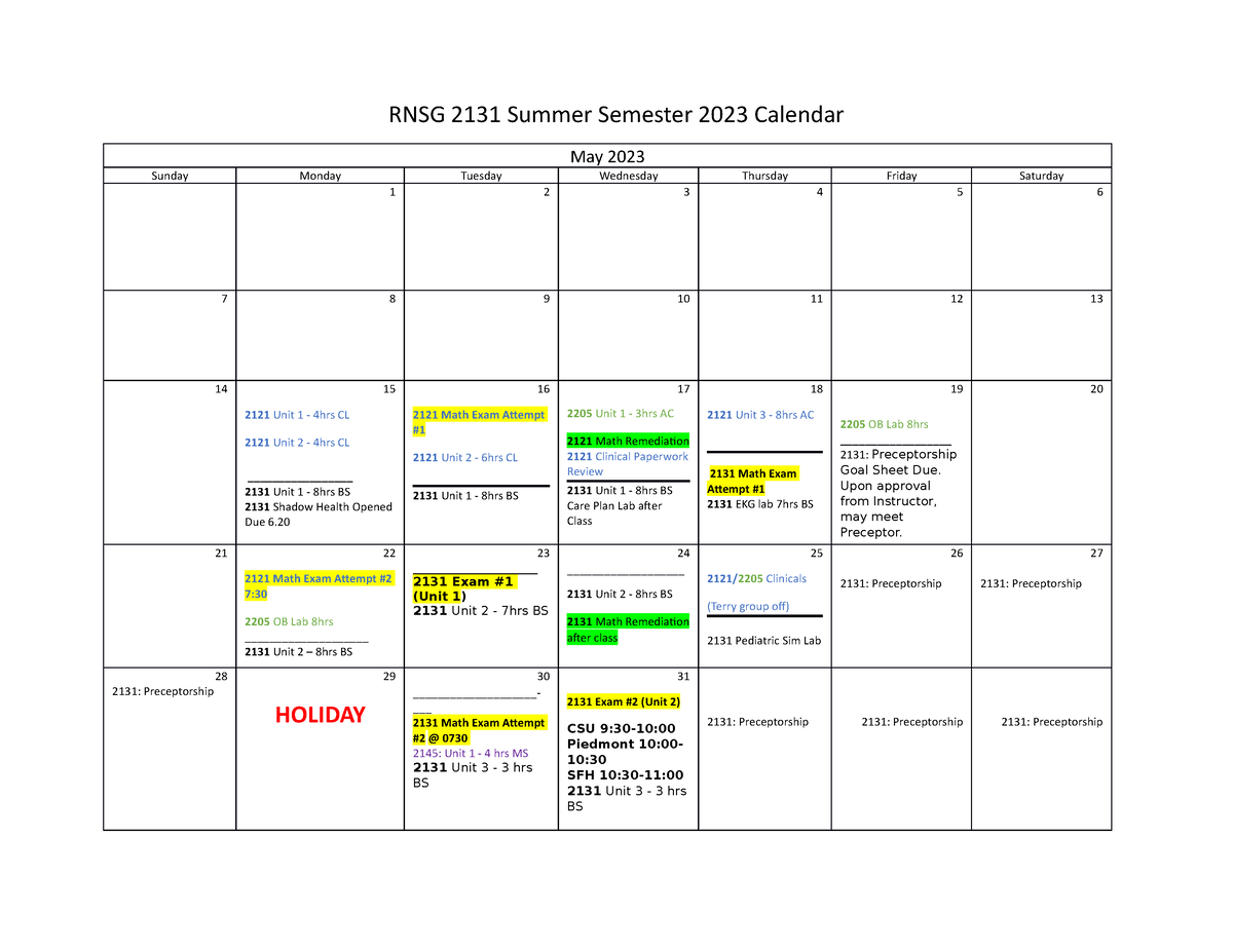 RNSG 2131 Summer Semester 2023 Calendar Updated RNSG 2131 Summer