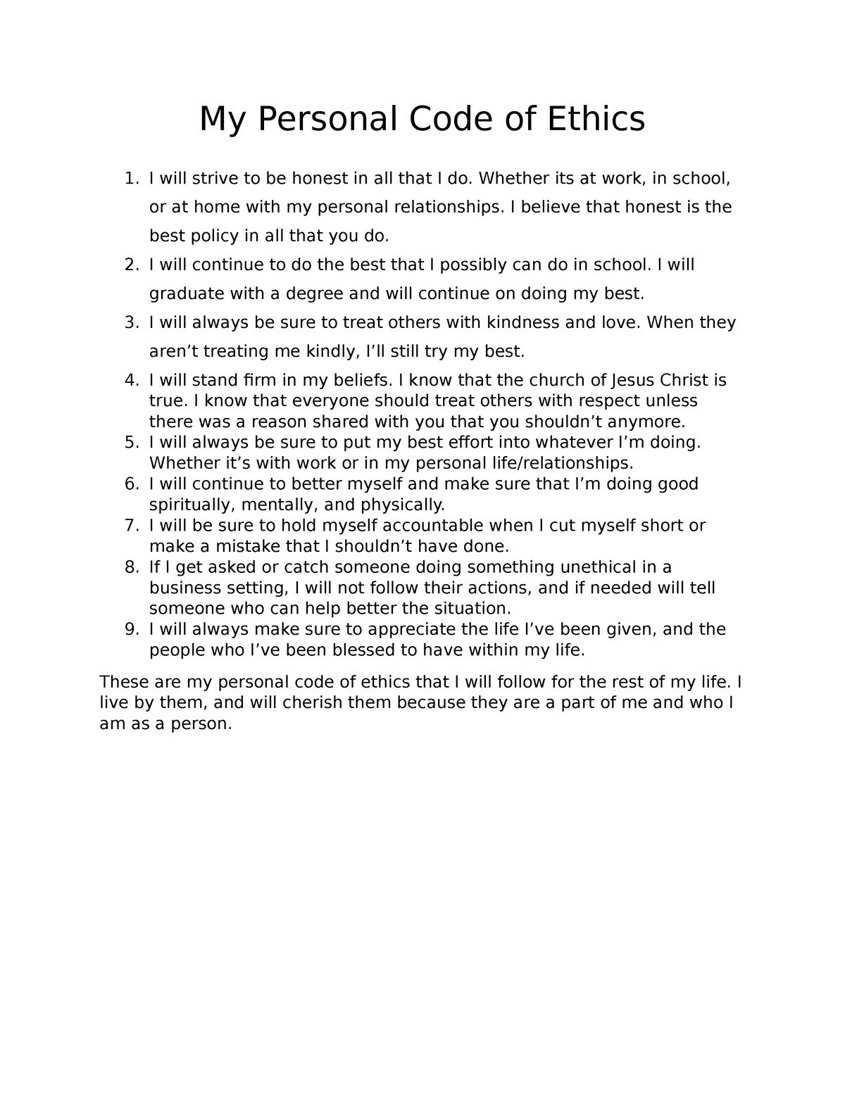 personal code of ethics essay examples