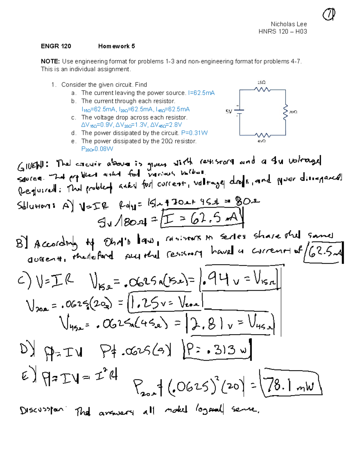 Homework 5 - Nicholas Lee HNRS 120 – H03 ENGR 120 Homework 5 NOTE