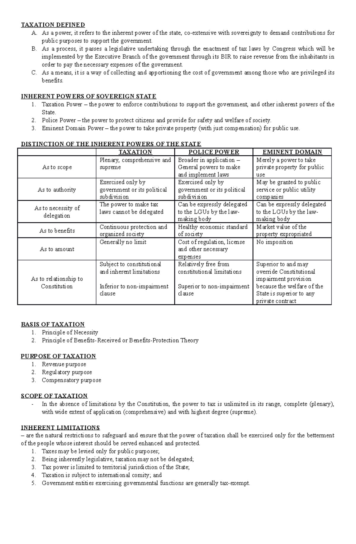 GEN. Principles OF Taxation - Notes - TAXATION DEFINED A. As a power ...