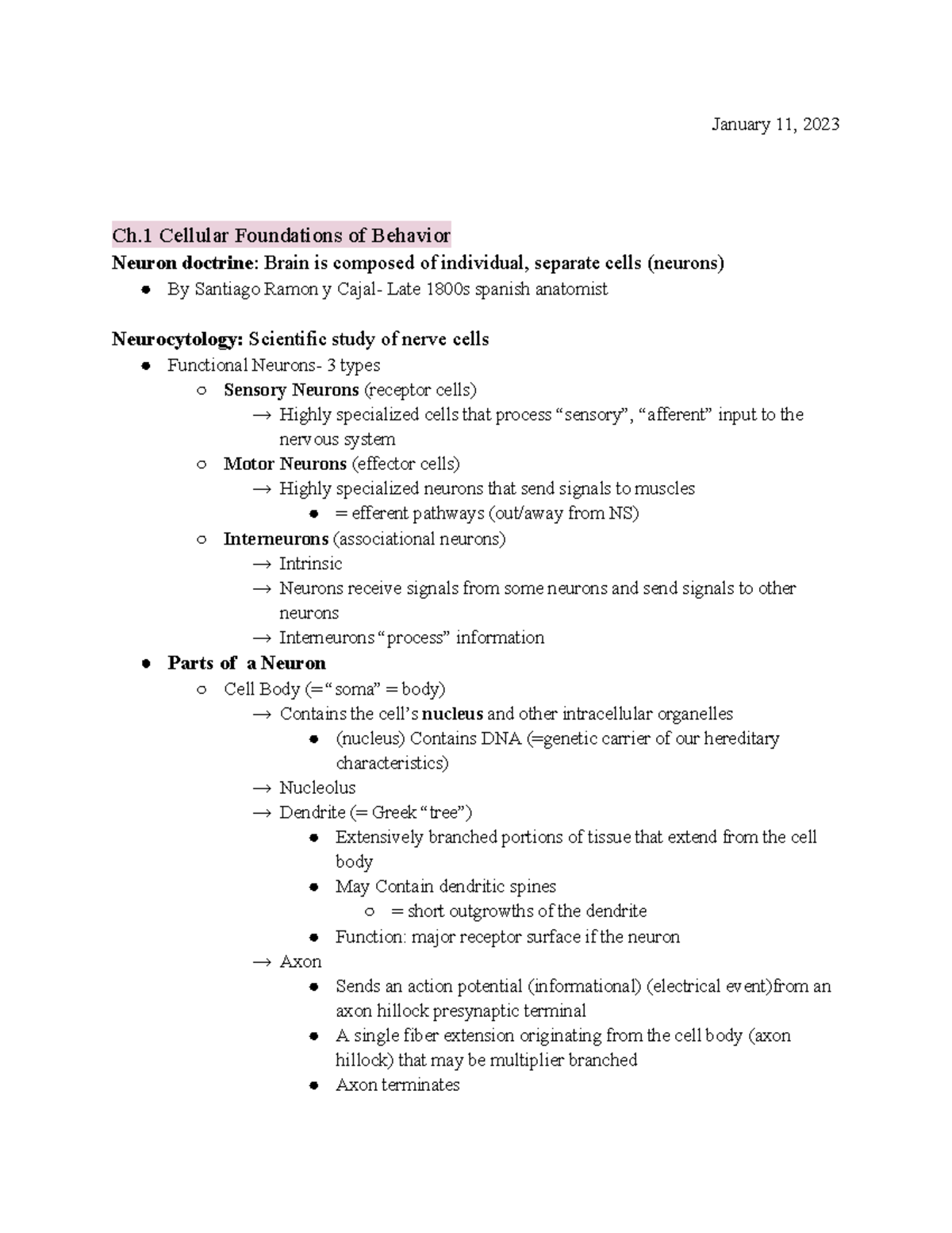 Brain And Behavior Notes January 11 2023 Ch Cellular Foundations Of Brain And Behavior Notes January 11 2023 Ch Cellular Foundations Of