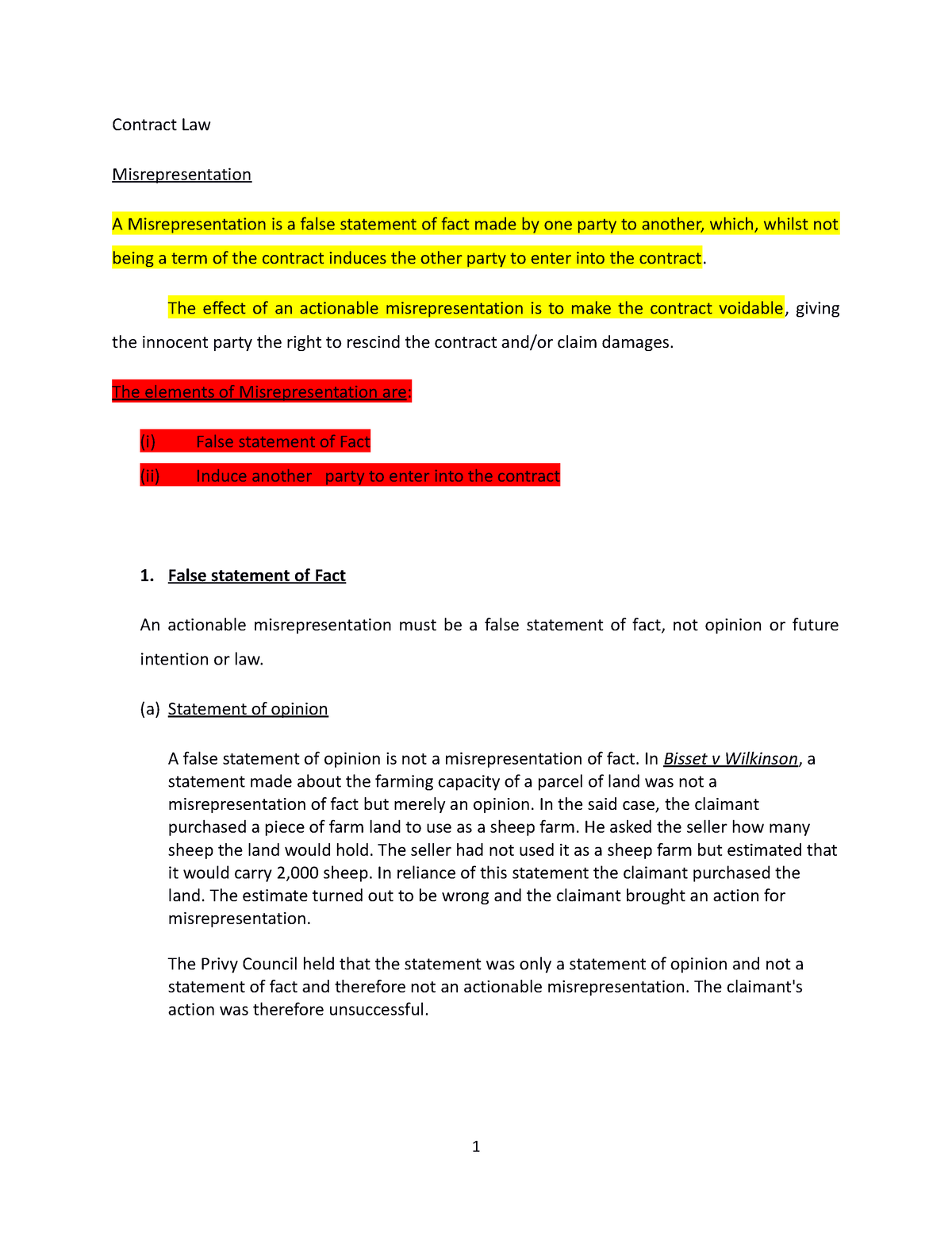 Lect. 5 Misrepresentation - Contract Law Misrepresentation A ...