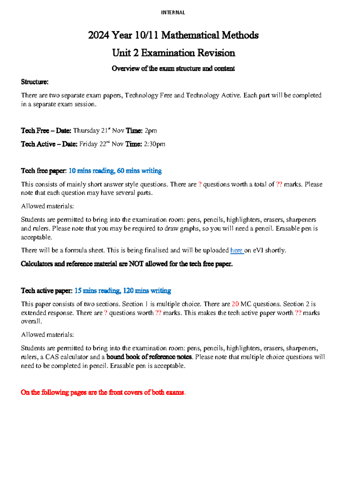 2024 11MM U2 Exam information - 2024 Year 10/11 Mathematical Methods ...