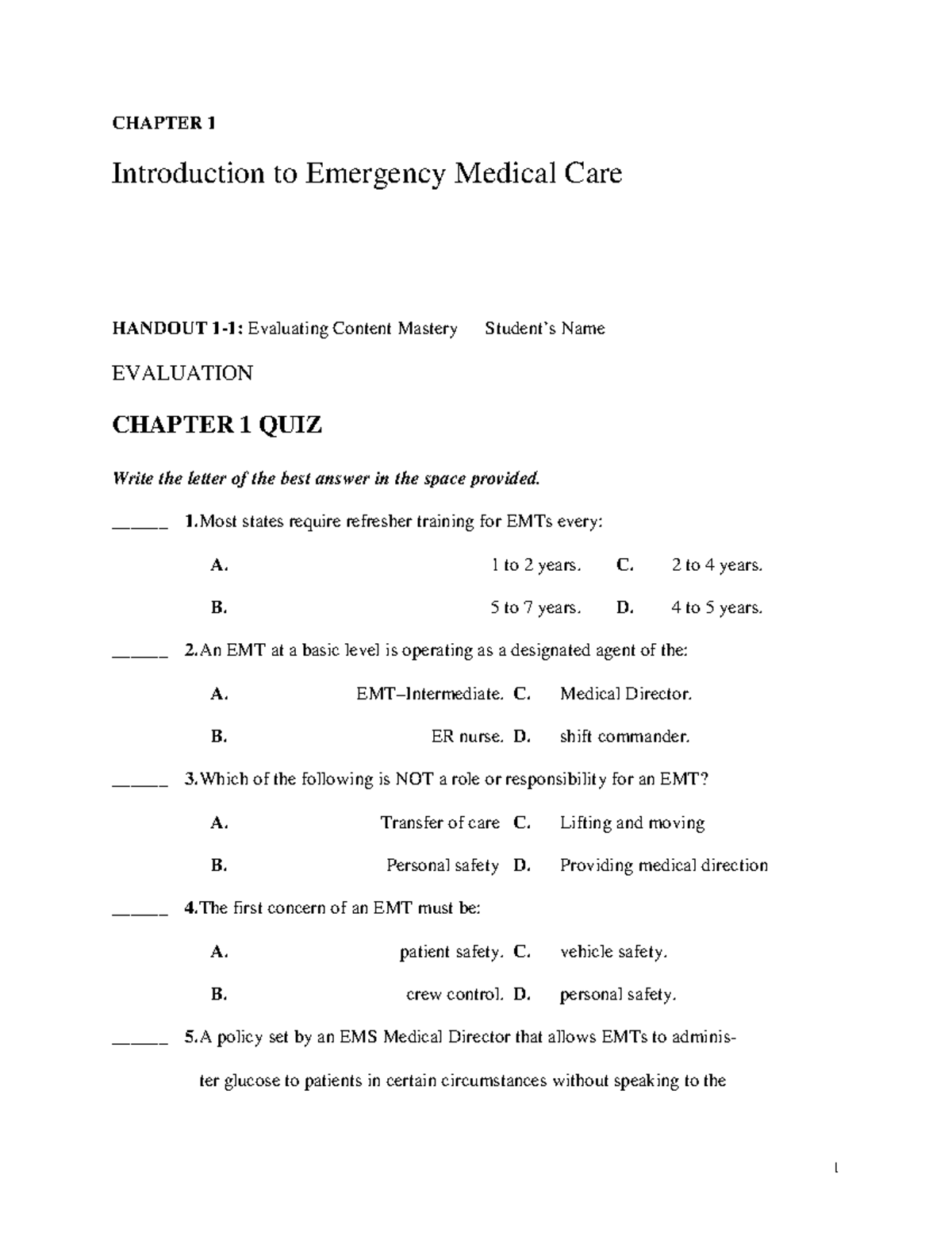 Module 1 Handouts 13e - Helpful Resource For Emt Students - CHAPTER 1 ...