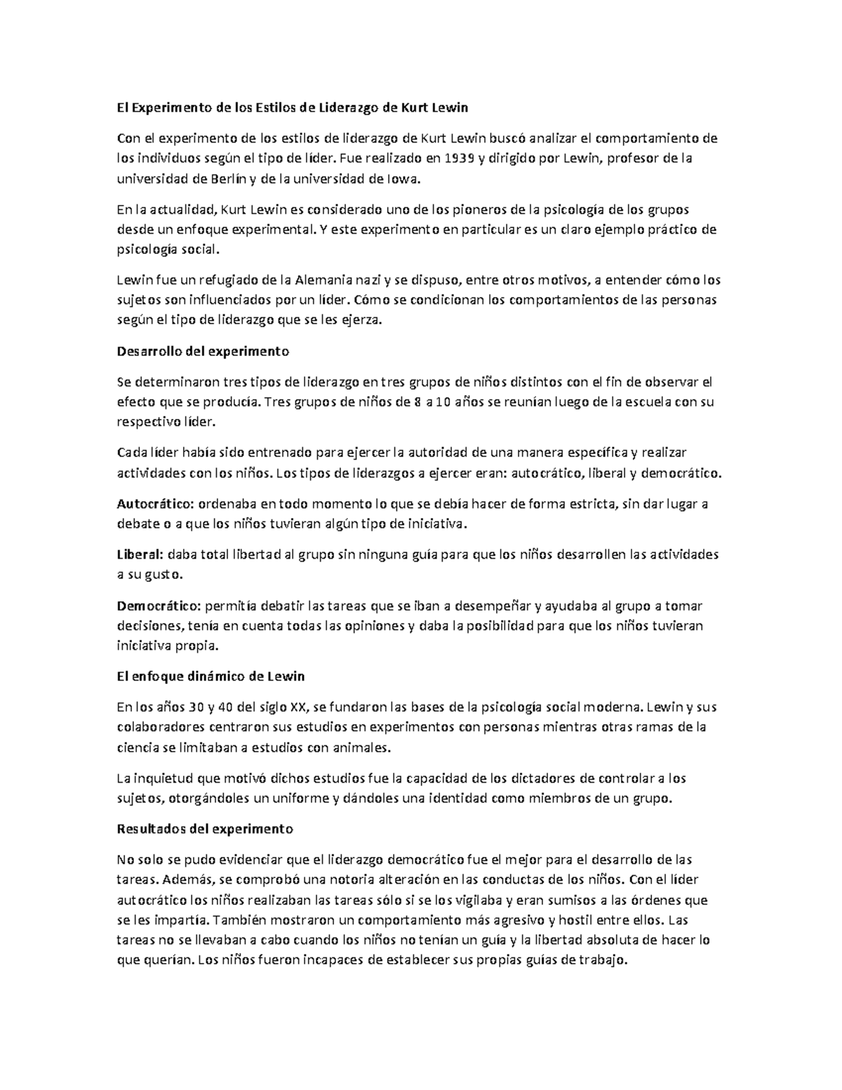 El Experimento de los Estilos de Liderazgo de Kurt Lewin Fue