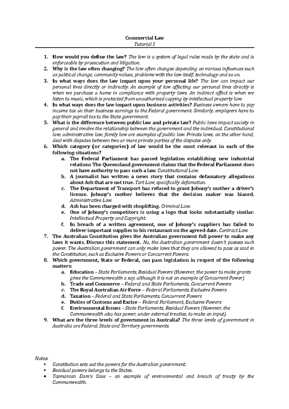 LAW2442 - Topic 1 Week 2 Tutorial - Commercial Law Tutorial 1 1. How ...