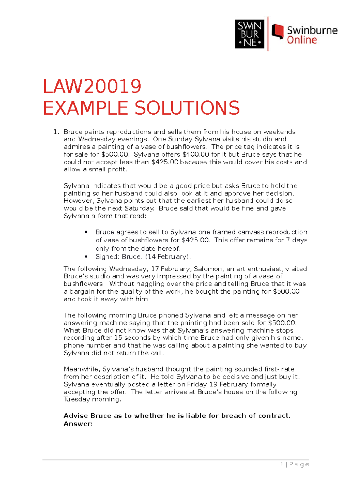 LAW2001 9 Example solutions - LAW EXAMPLE SOLUTIONS Bruce paints ...