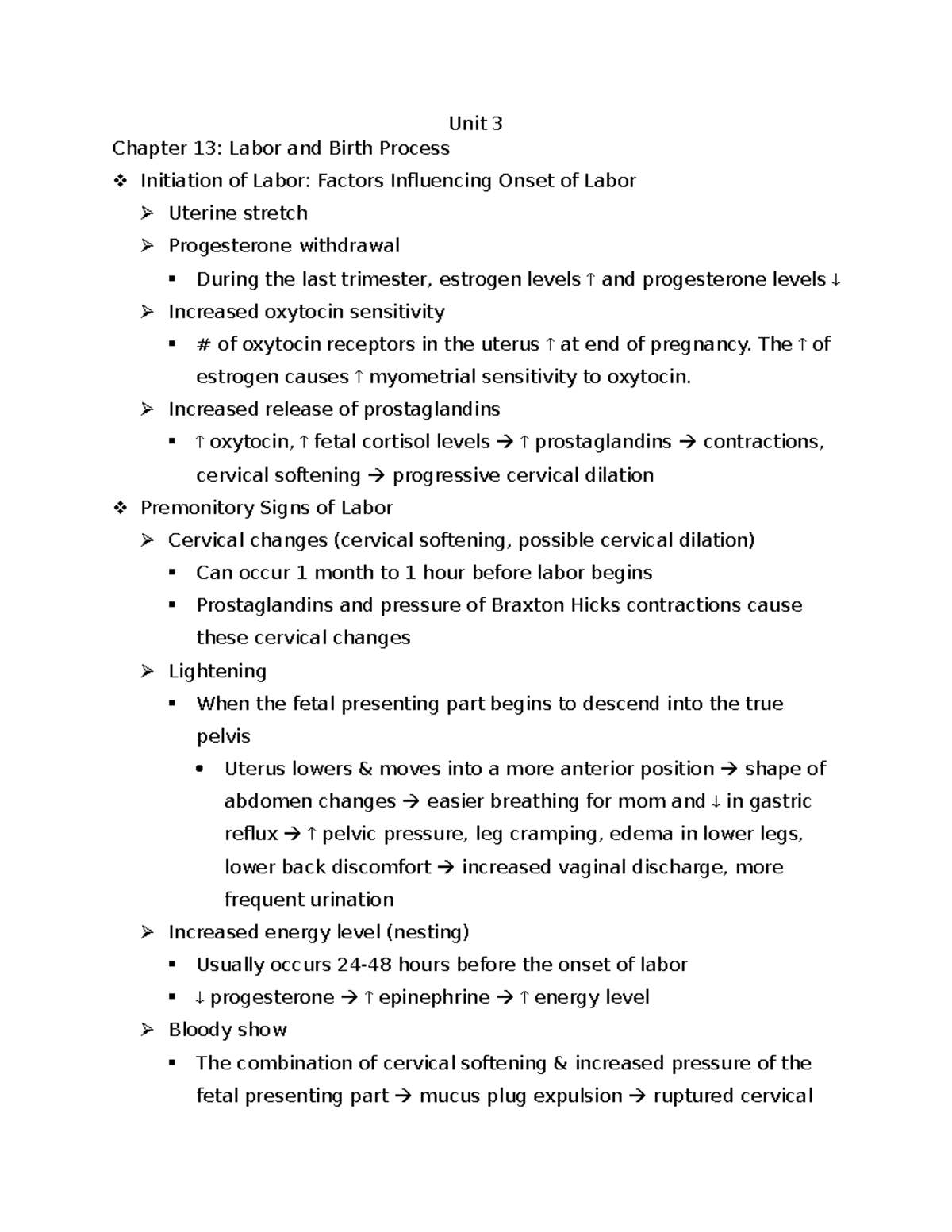 Unit 3 OB - Lecture notes for unit 3 including labor and birth process ...