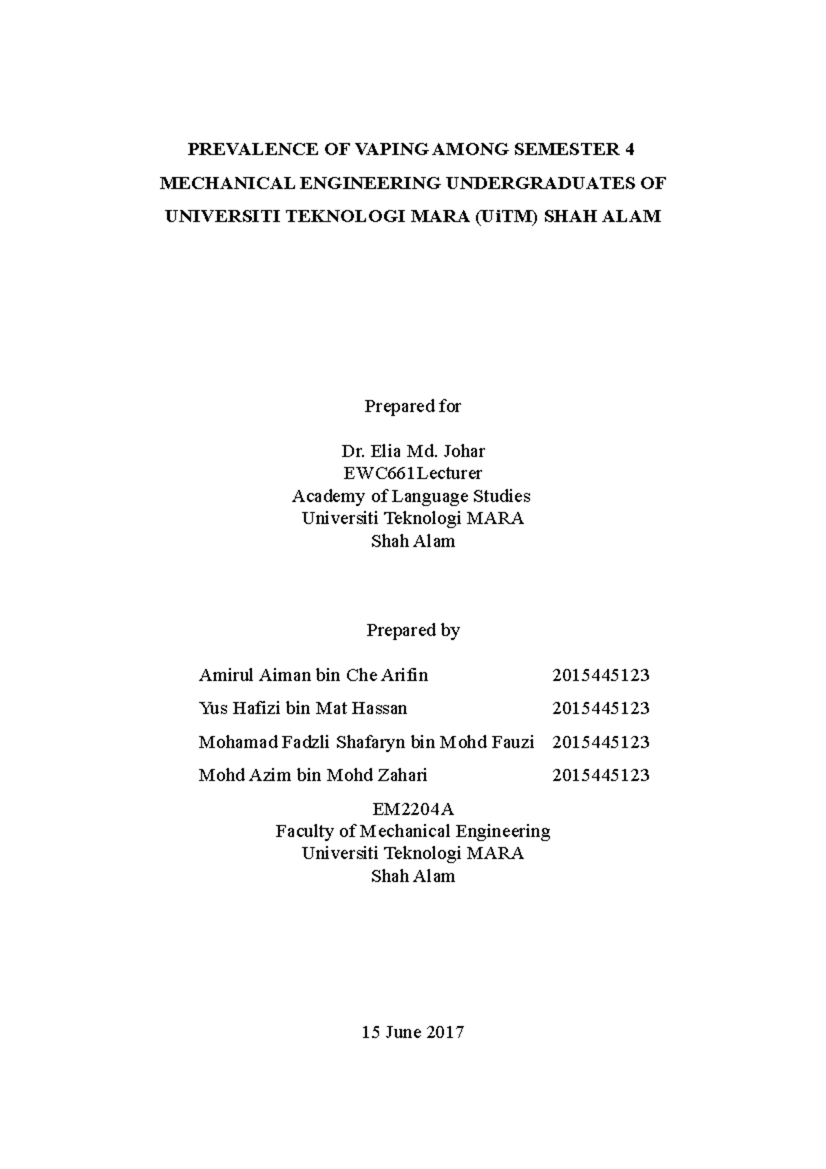 EWC661 Sample Report ( Vaping) 030918 - PREVALENCE OF VAPING AMONG ...