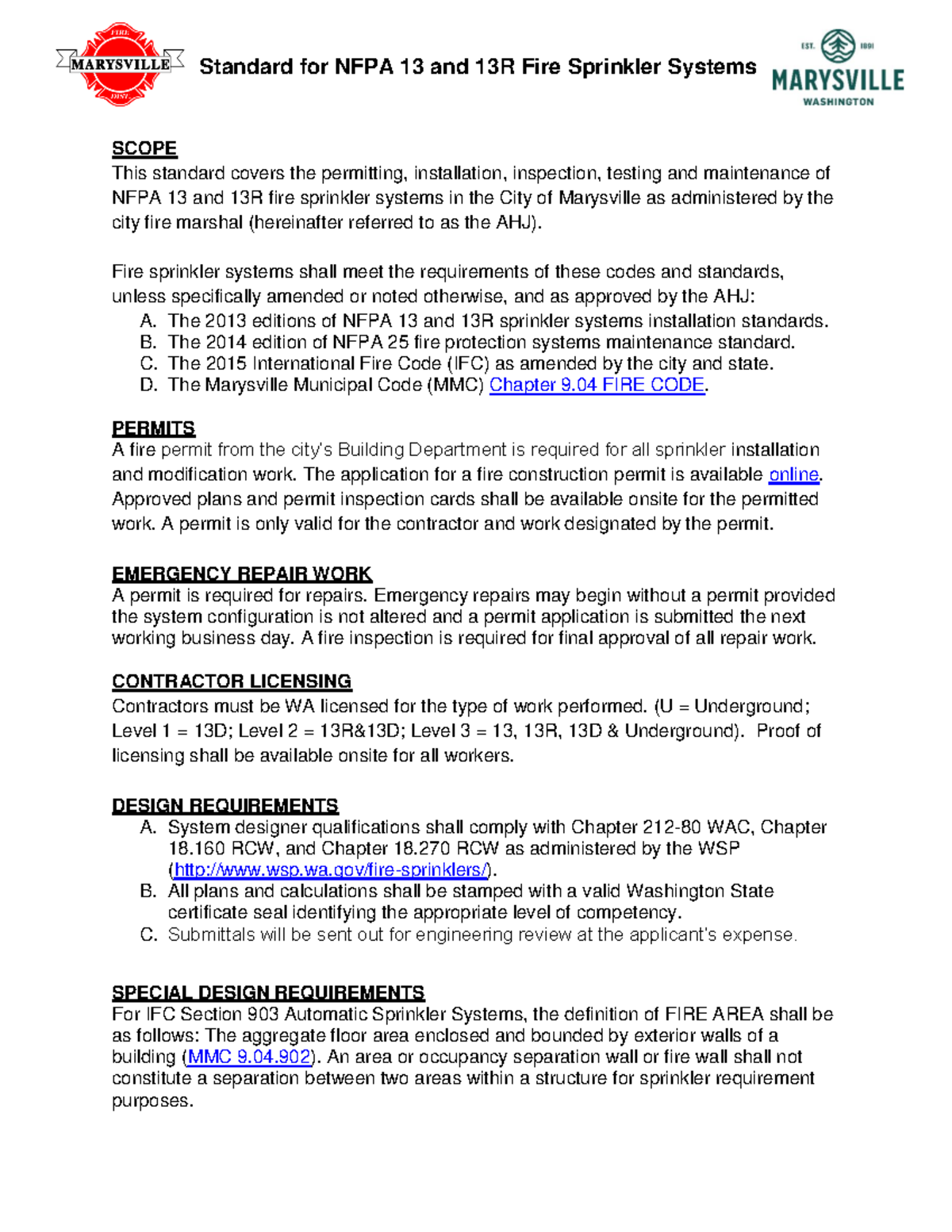 MFD NFPA 13 and 13R Sprinkler Requirements Standard for NFPA 13 and