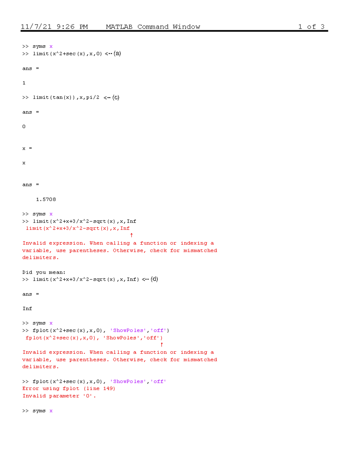 MATLab Limit Problem 1 ESG162 GCU Studocu