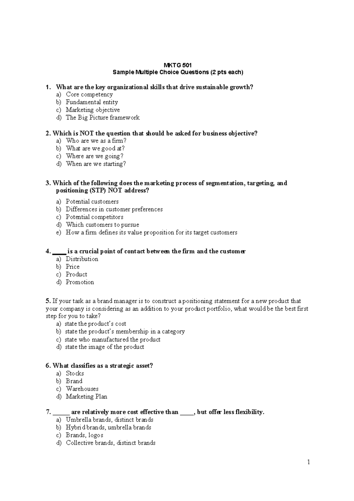 Sample questions posted - 1 MKTG 501 Sample Multiple Choice Questions ...