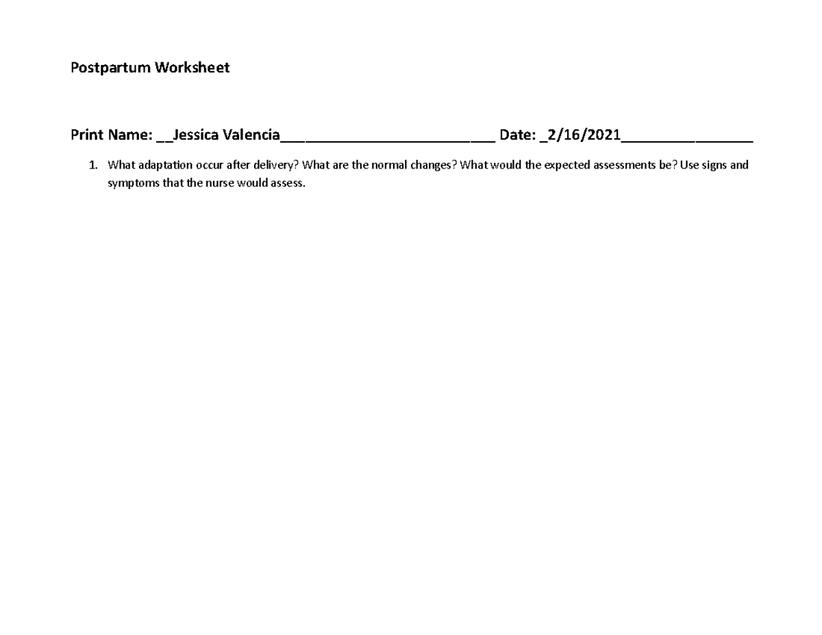 N12 sp OB postpartum worksheet - Postpartum Worksheet Print Name ...