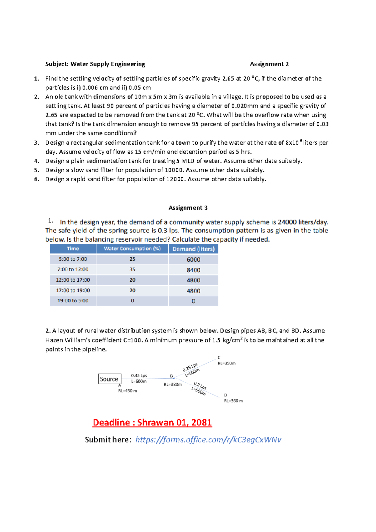 Water supply engineering assignement 2and3 - Subject: Water Supply ...