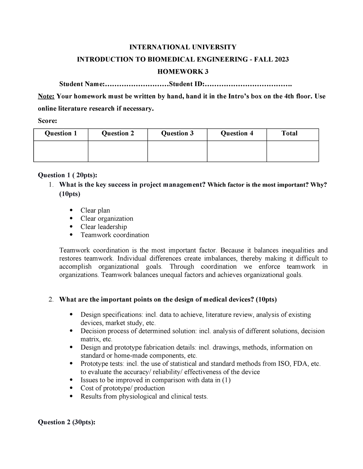 biomedical engineering homework