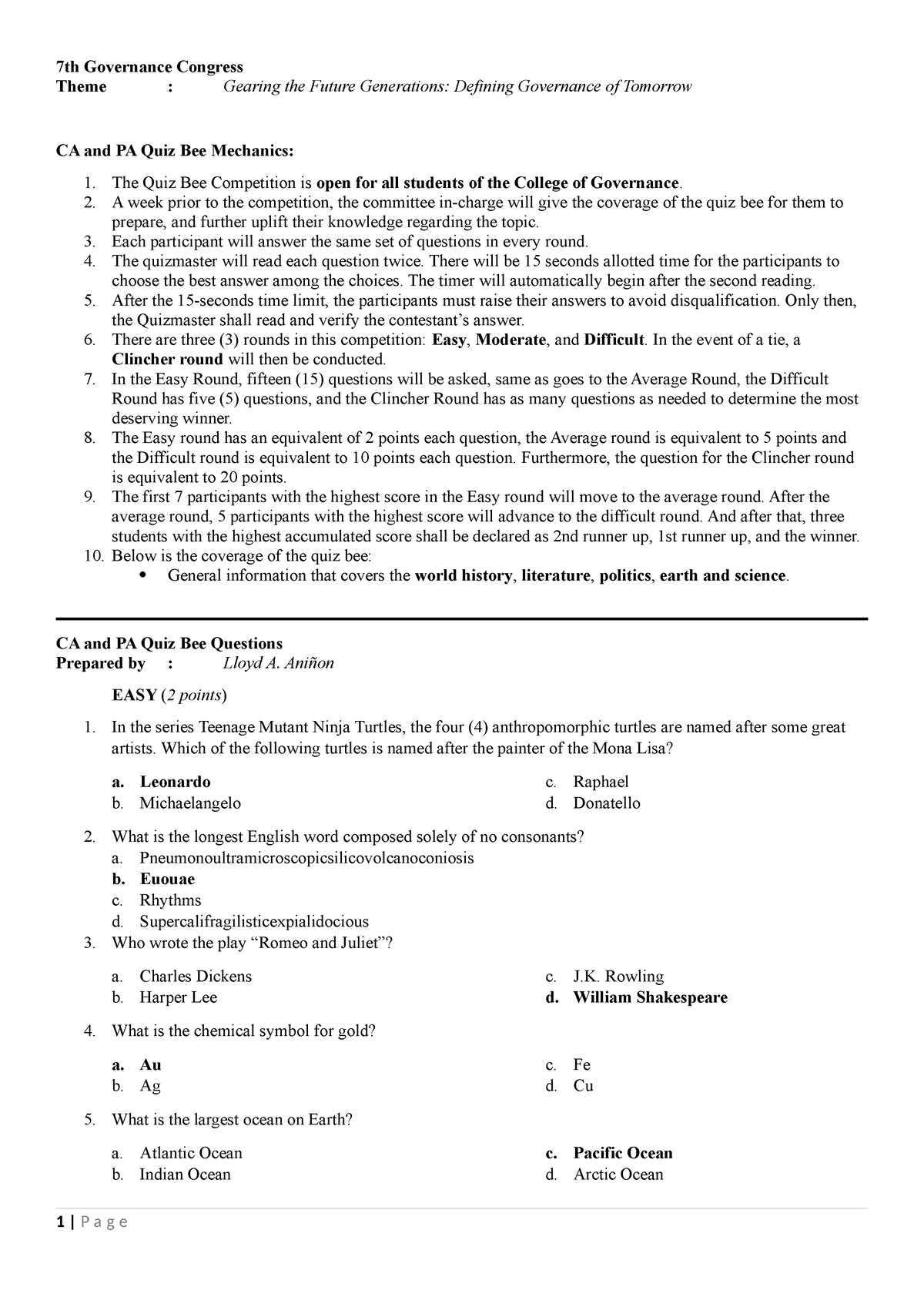 CA and PA Quiz Bee Questions - 7th Governance Congress Theme : Gearing ...