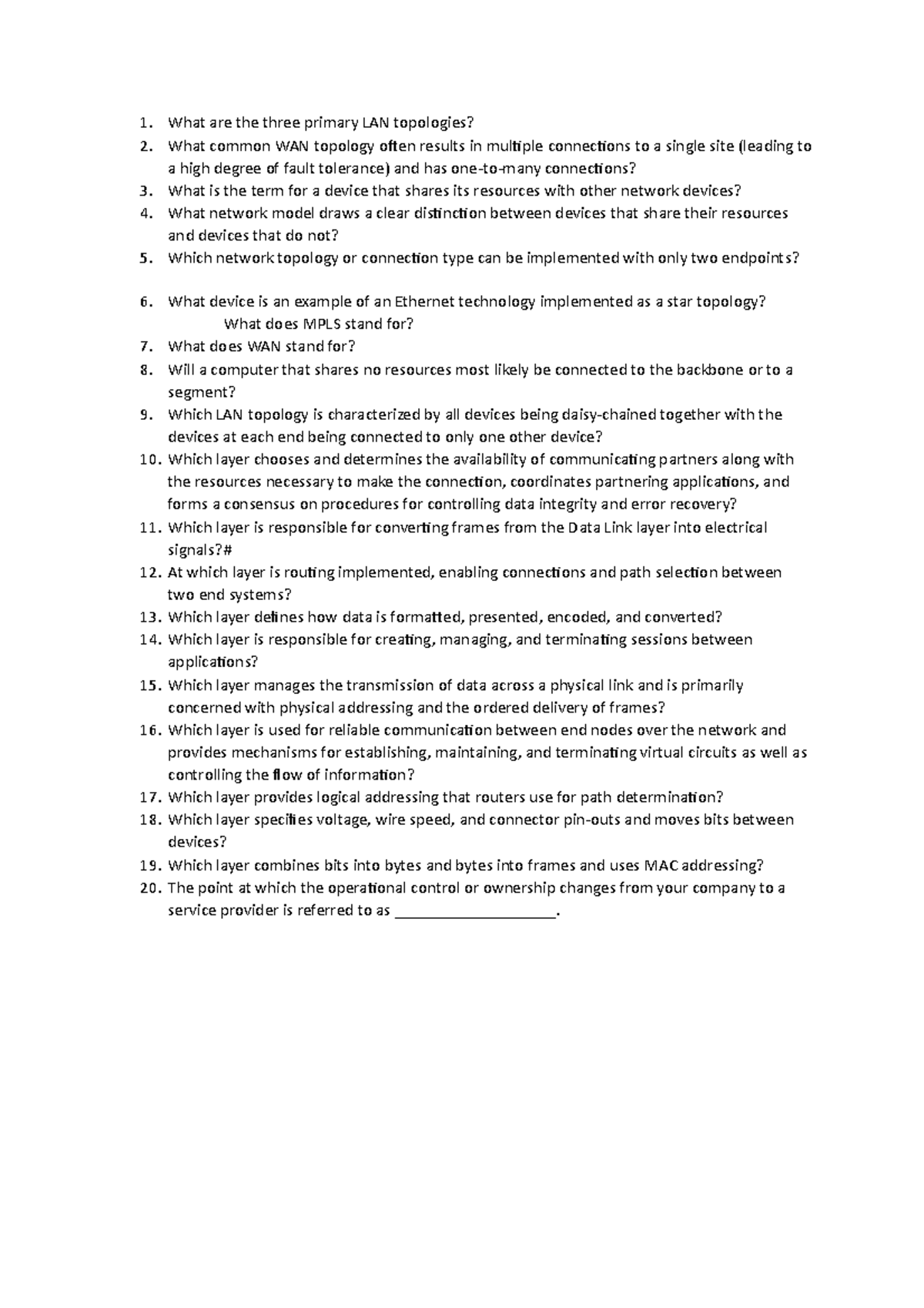 Networks class test - short questions - What are the three primary LAN ...