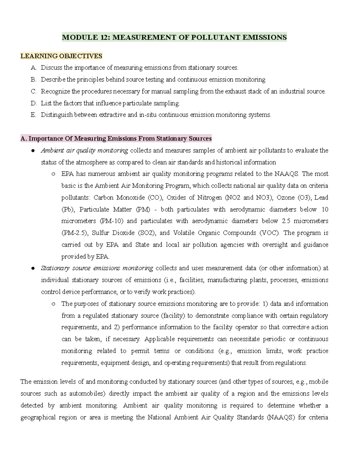 Module 12 Measurement OF Pollutant Emissions - MODULE 12: MEASUREMENT ...