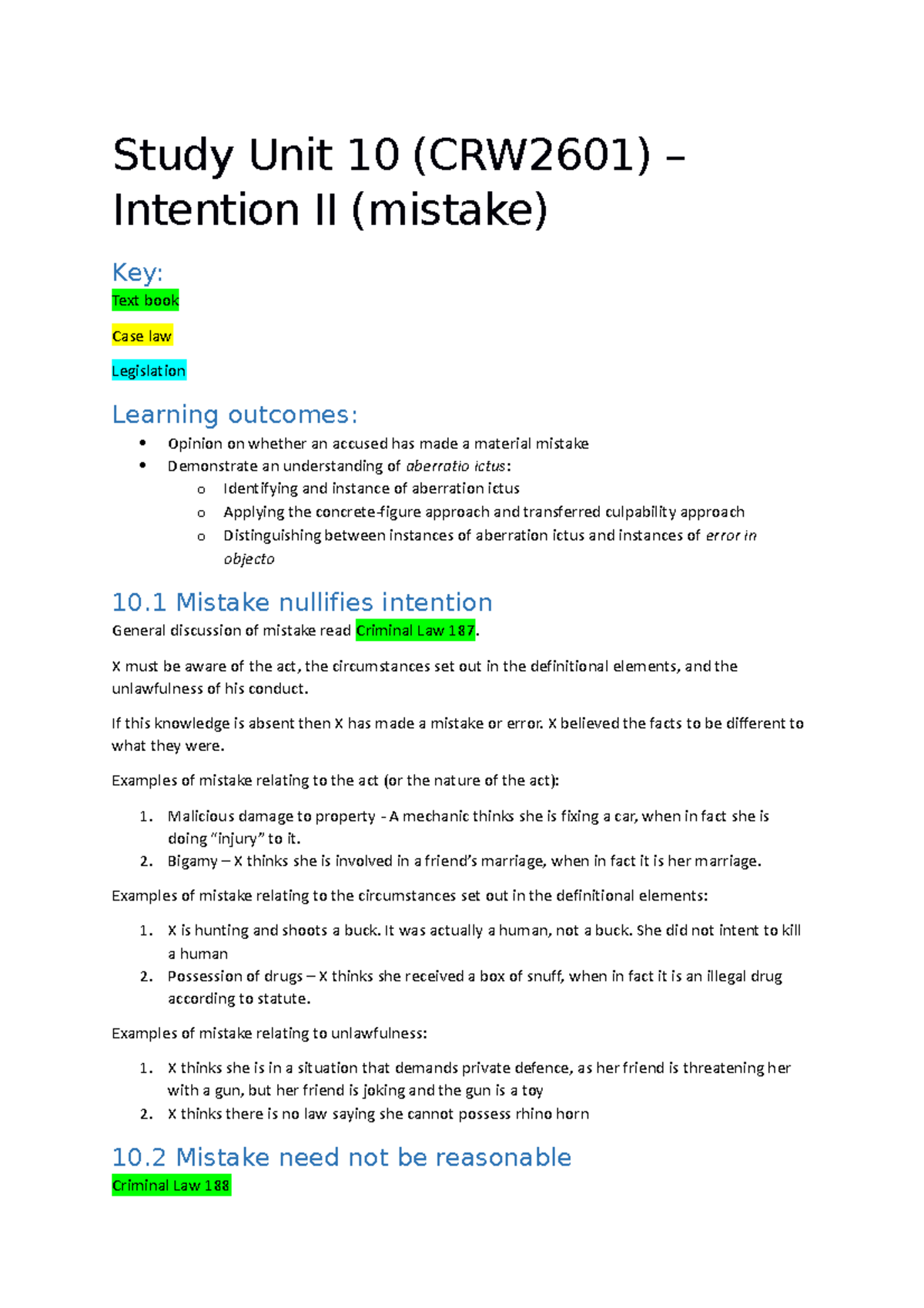CRW2601 Study Unit 10 Intention II mistake - Study Unit 10 (CRW2601 ...