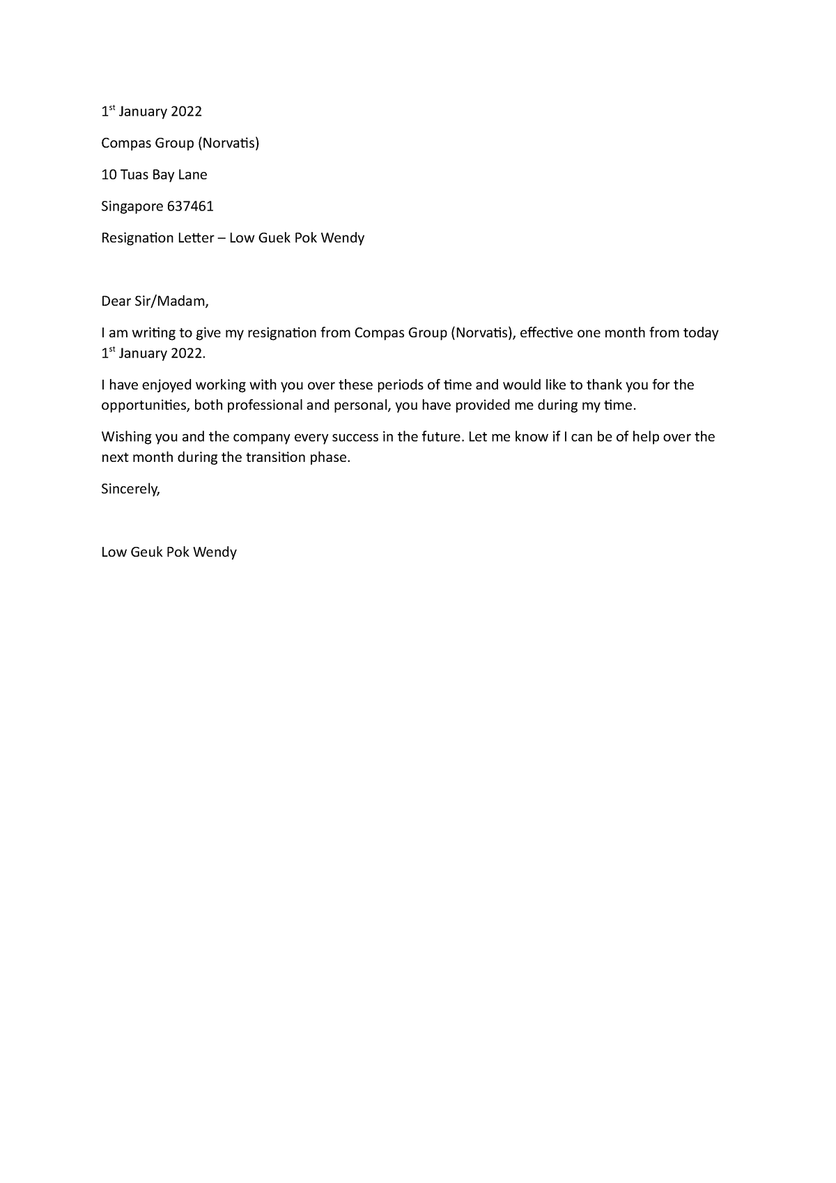 resign letter template - 1 st January 2022 Compas Group (Norvatis) 10 ...