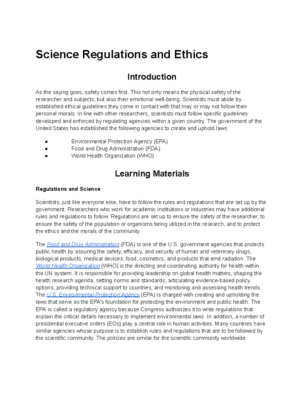 Science Regulations and Ethics - Science Regulations and Ethics ...