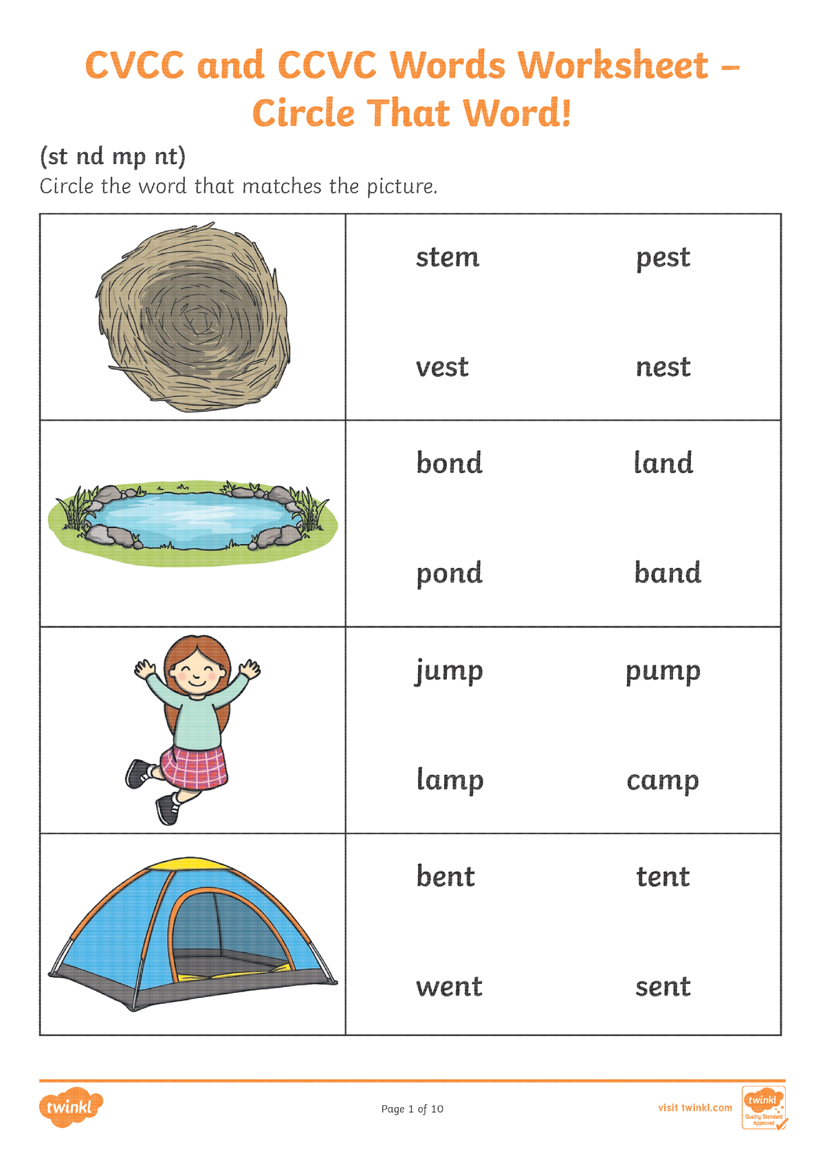 Cvcc And Ccvc Words Worksheet Circle That Word St Nd Mp Nt Circle