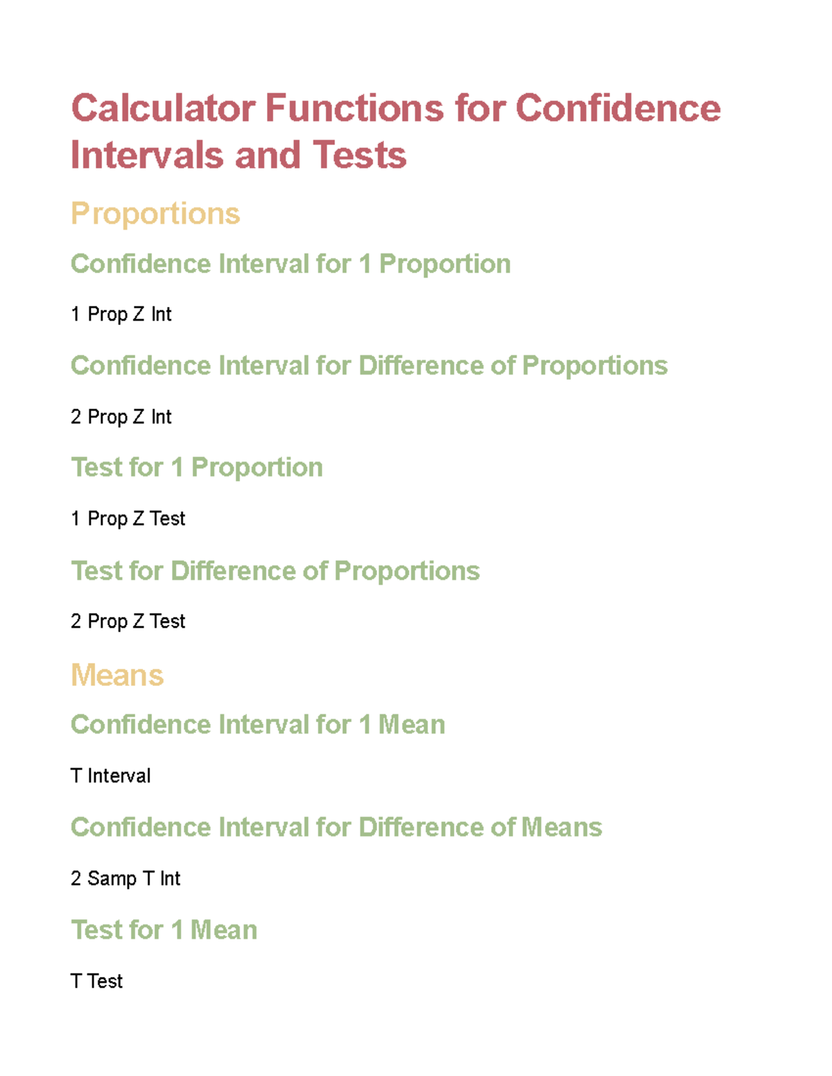 Calculator Functions for Confidence Intervals and Tests Calculator