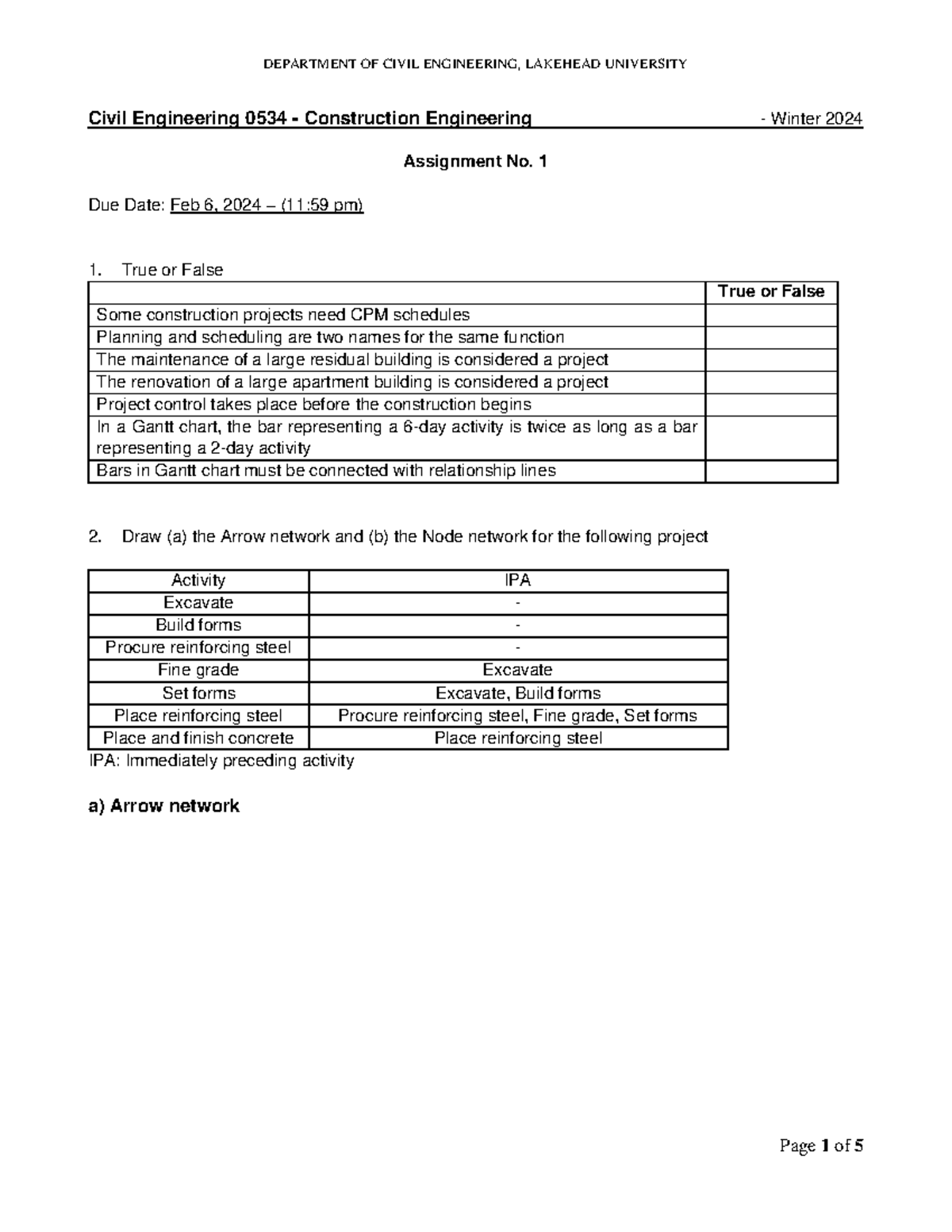 Assignment No. 1 - DEPARTMENT OF CIVIL ENGINEERING, LAKEHEAD UNIVERSITY ...