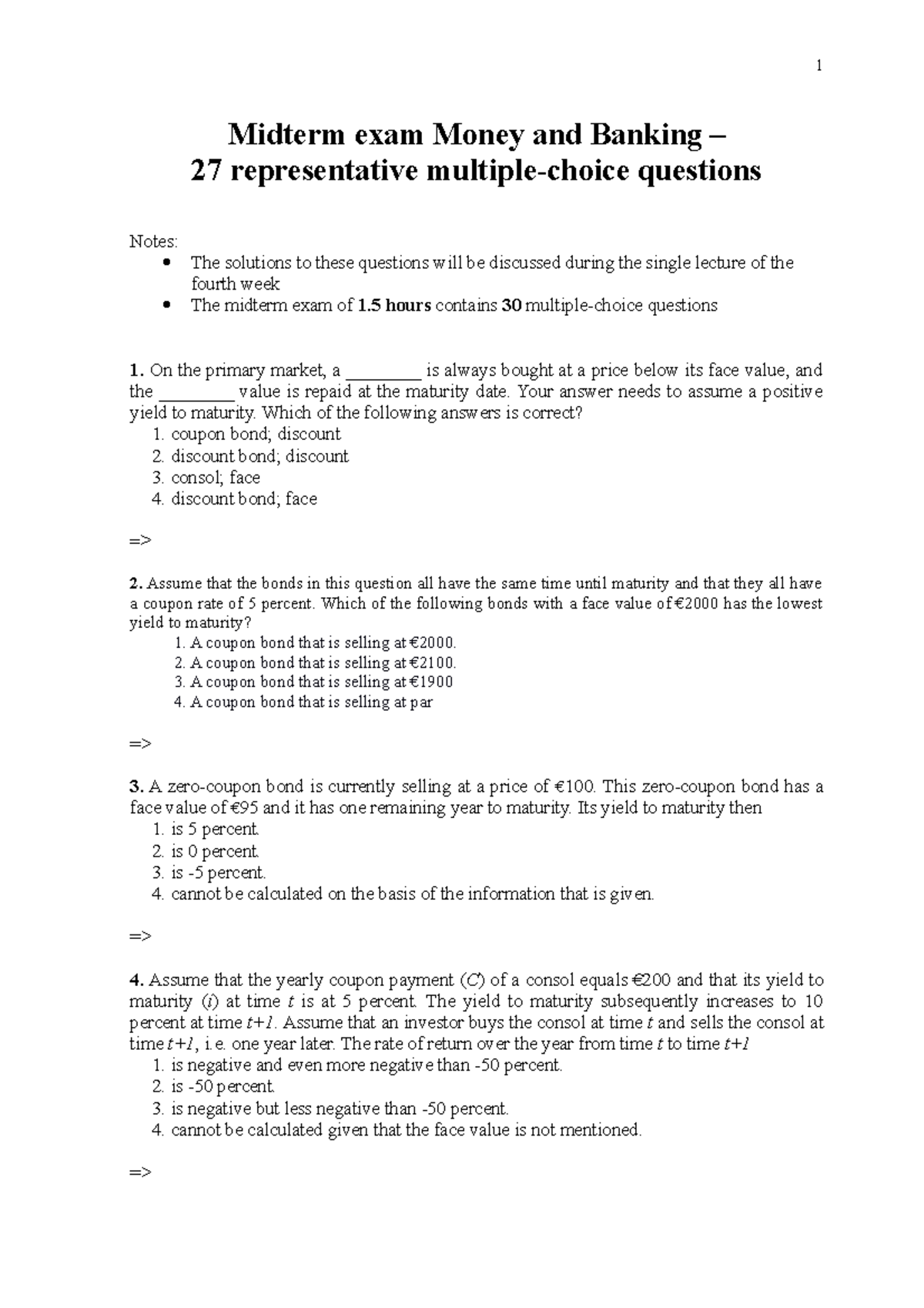 Midterm exam Money and Banking representative questions without