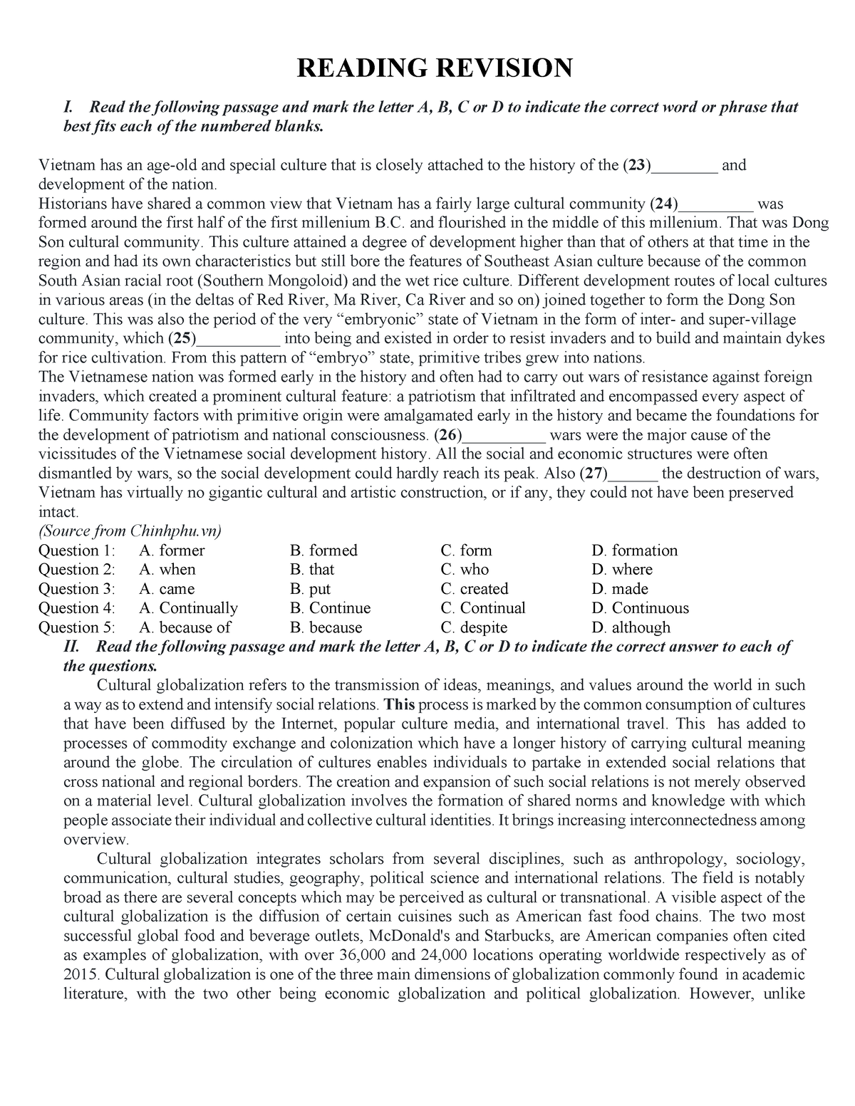 HK1 Revision - I. Read The Following Passage And Mark The Letter A, B ...