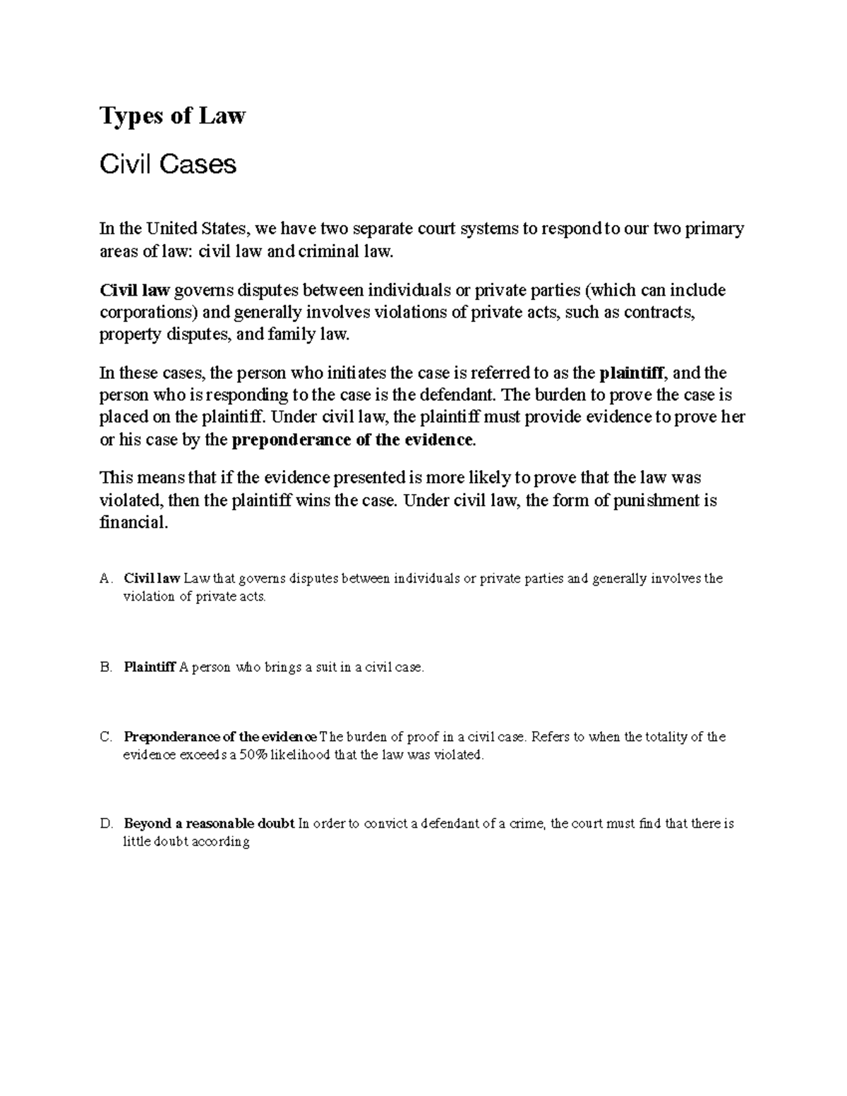 CRJ1. chp2 - Textbook materials - Types of Law Civil Cases In the ...