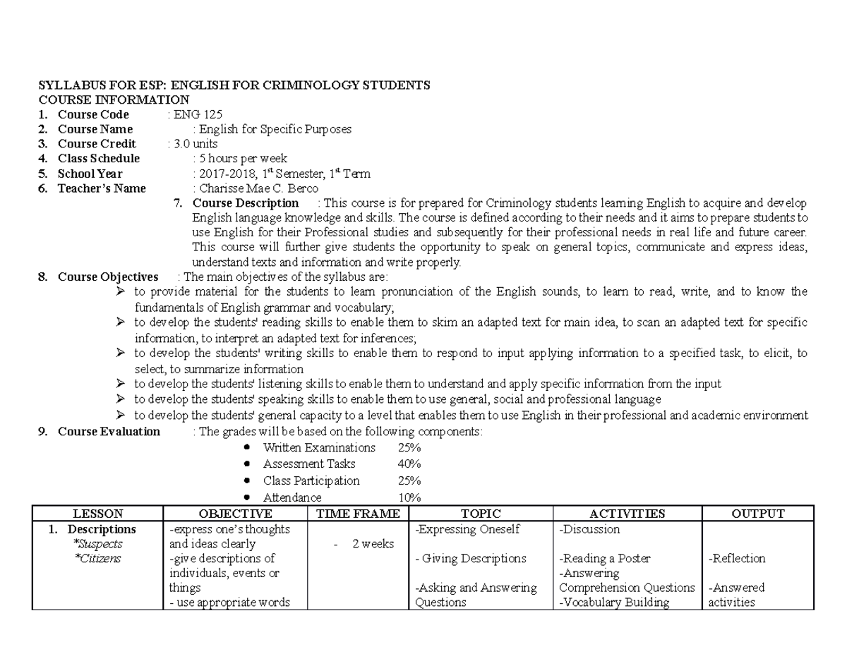Pdfcoffee - gen ed - SYLLABUS FOR ESP: ENGLISH FOR CRIMINOLOGY STUDENTS ...