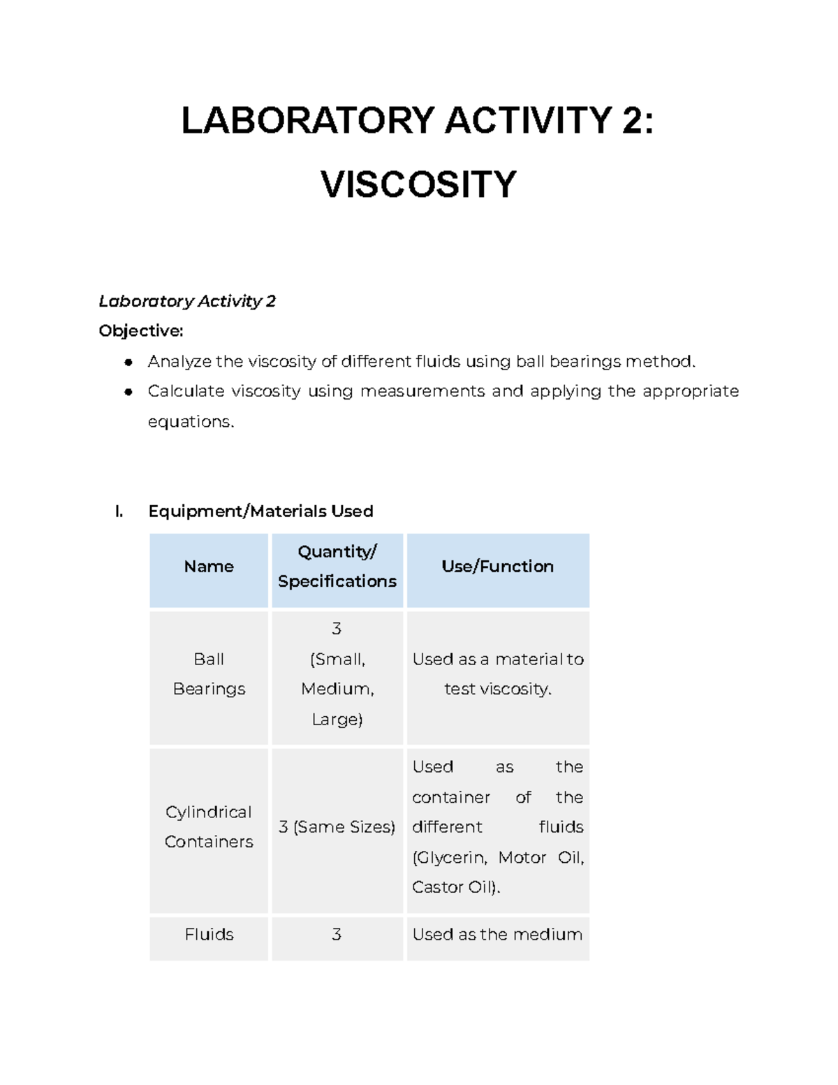 Laboratory Activity 2 Viscosity PART 1 LABORATORY ACTIVITY 2