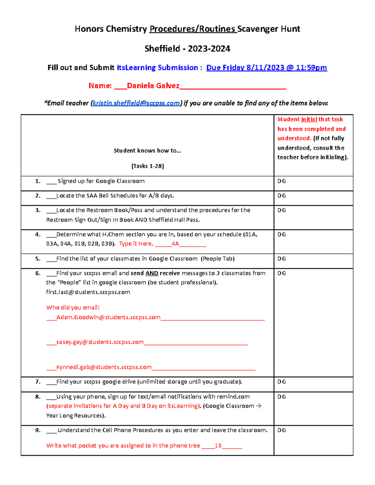 Copy of Honors Chemistry Sheffield Procedure-Routine Scavenger Hunt ...