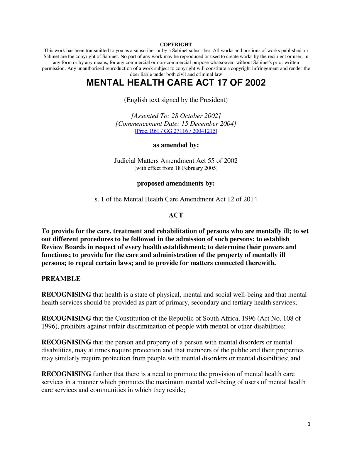 Mental Health Care Act 17 Of 2002 COPYRIGHT This Work Has Been 