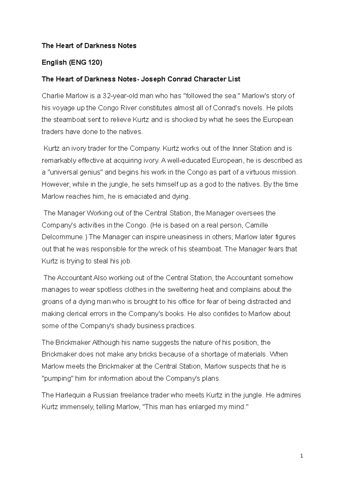 Heart of darkness notes The Heart of Darkness Notes English (ENG 120