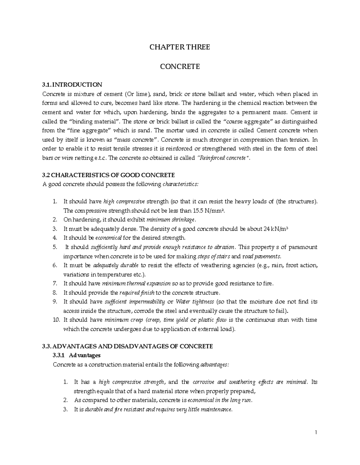Concrete - Very good material - CHAPTER THREE CONCRETE 3. INTRODUCTION ...