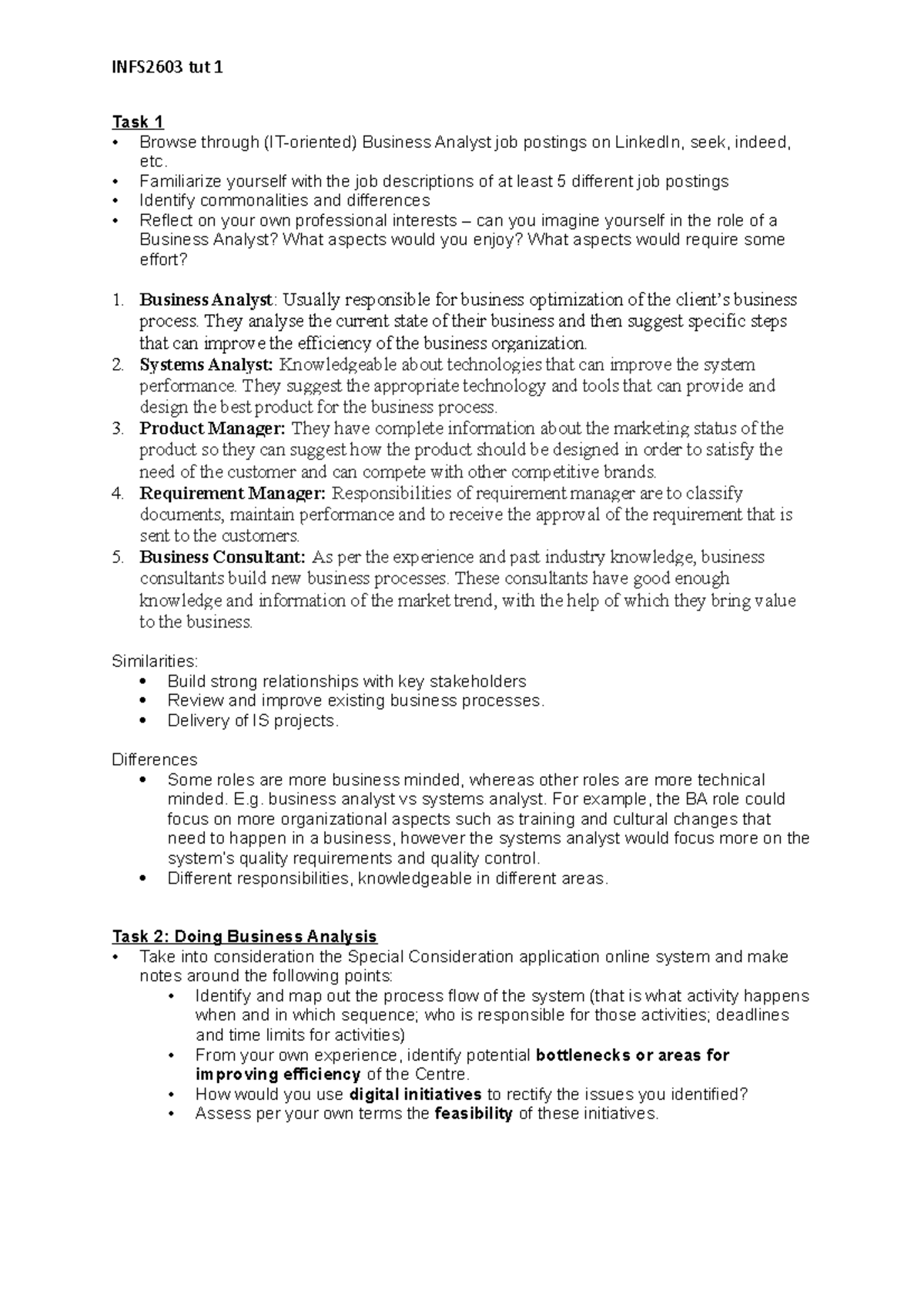 Infs2603 Tut 1 Hw - Intro To BAs: Their Responsibilities And Different ...