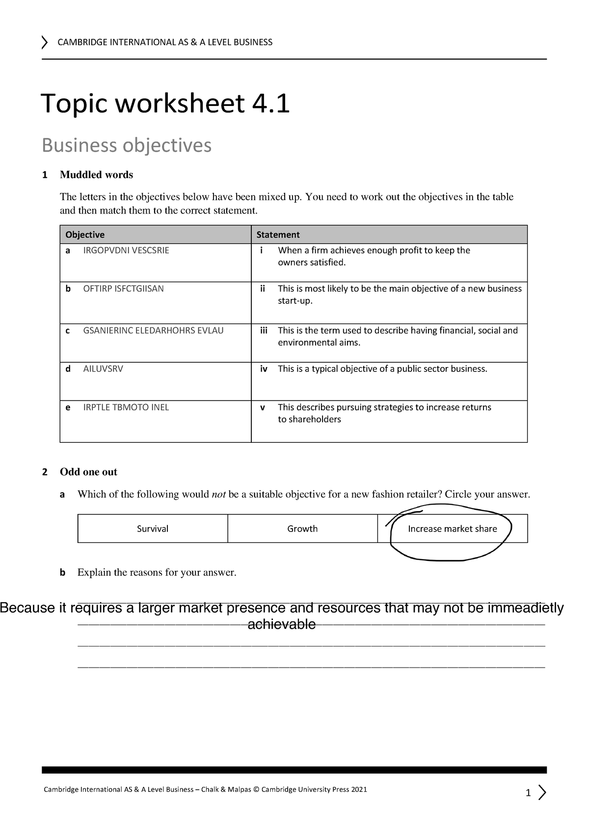 ASAL Business worksheet 4 - CAMBRIDGE INTERNATIONAL AS & A LEVEL ...