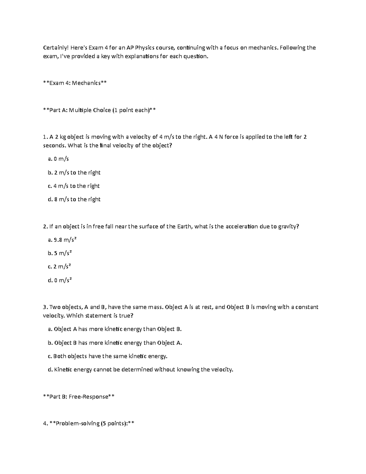 Exam4key - exam4 - Certainly! Here's Exam 4 for an AP Physics course ...