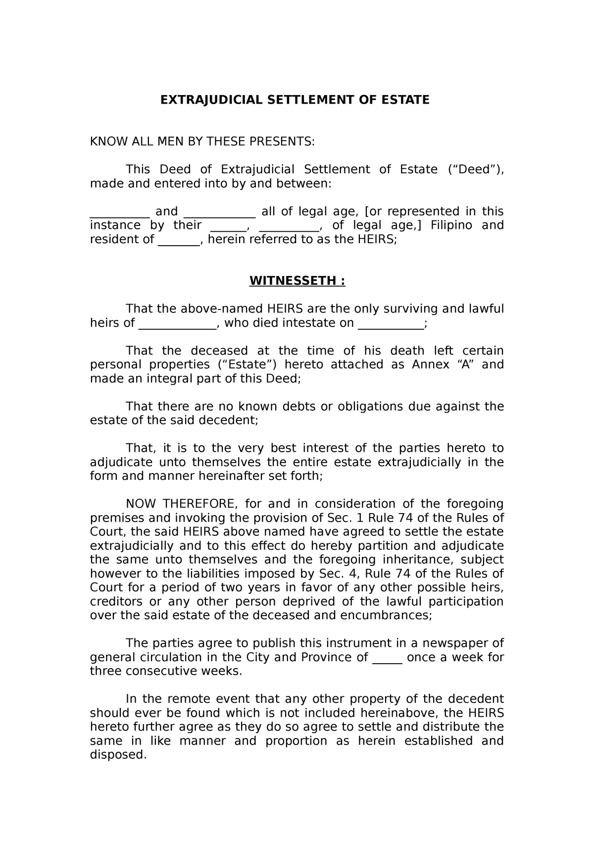 Extrajudicial Settlement of Estate template, Judicial - EXTRAJUDICIAL ...