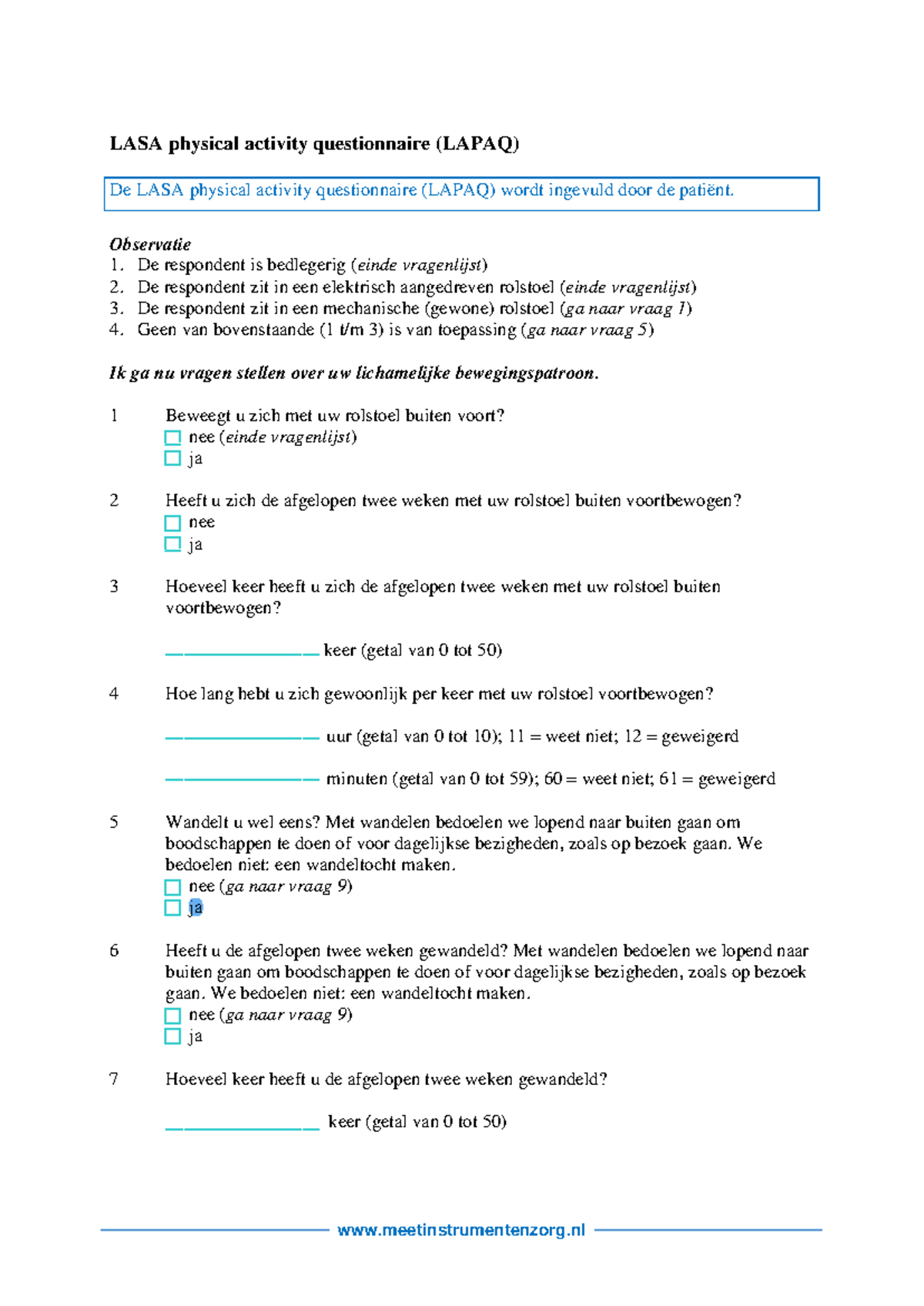 Lapaq-meetinstr - LASA physical activity questionnaire (LAPAQ) De LASA ...