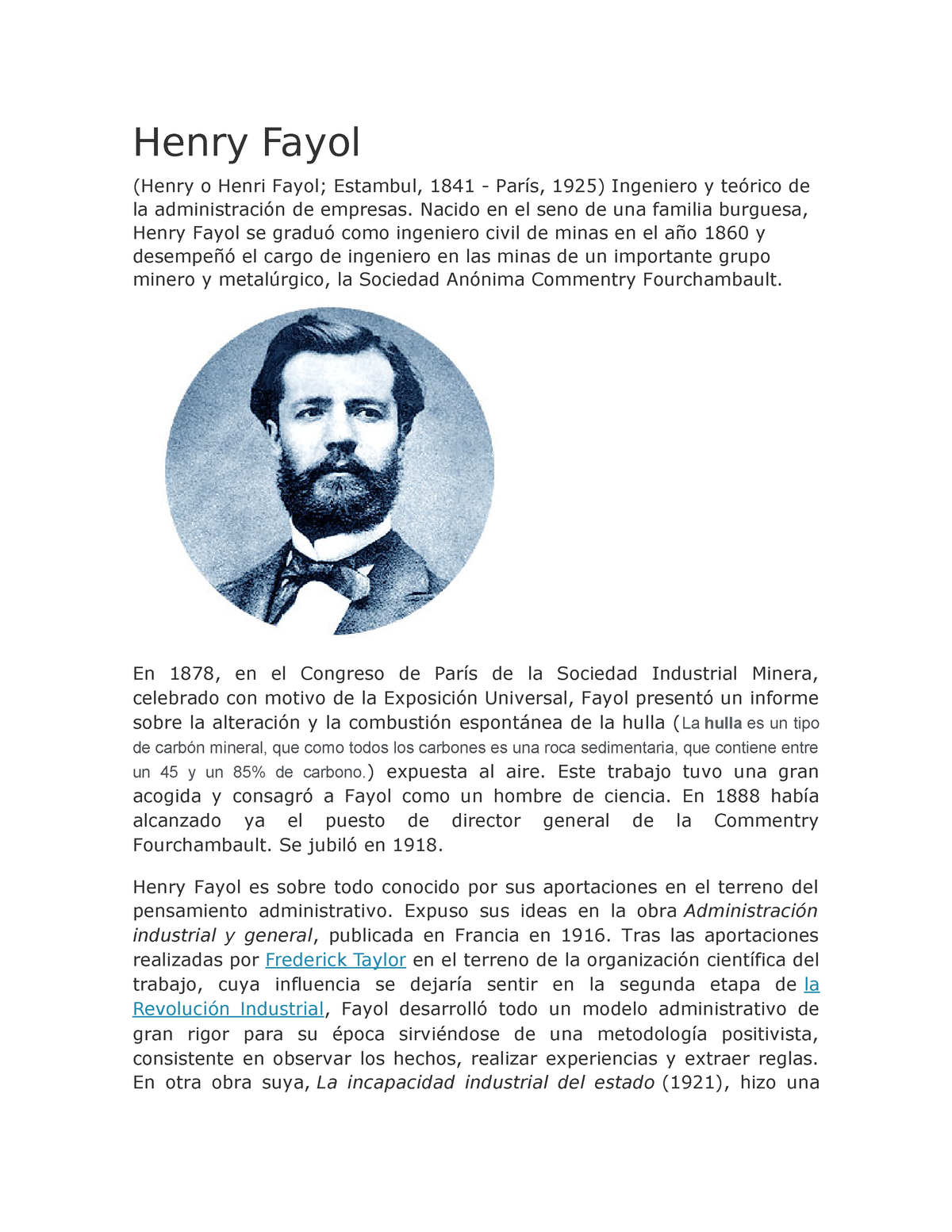 Henry Fayol - Resumen .bibliografia - Henry Fayol (Henry O Henri Fayol ...