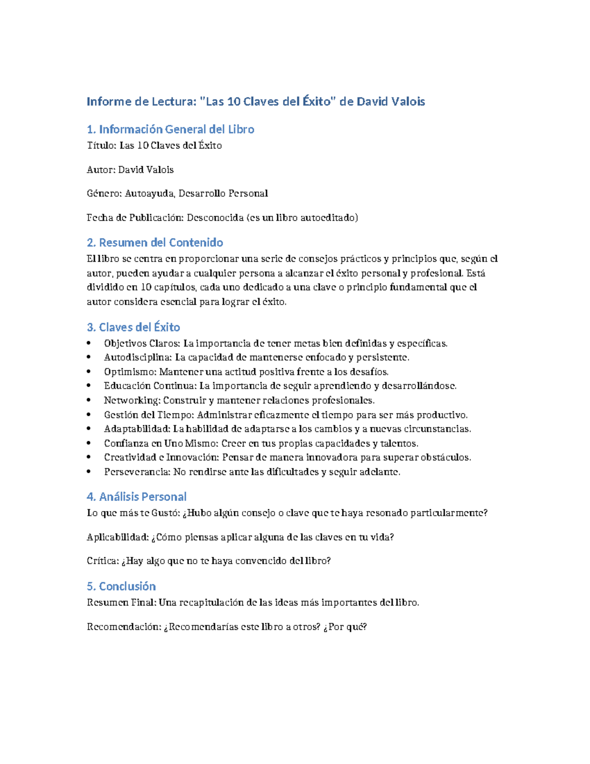 Informe de Lectura Las 10 Claves del Exito David Valois - Informe de ...