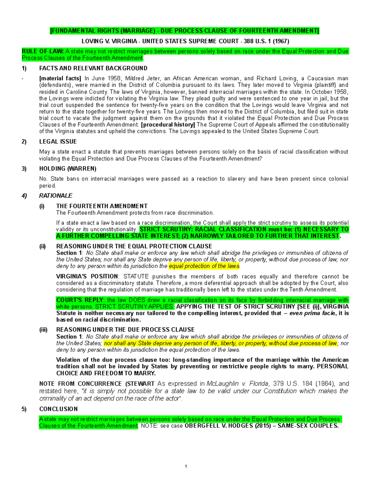 Case brief Loving + Obergefell (marriage + same-sex marriage ...