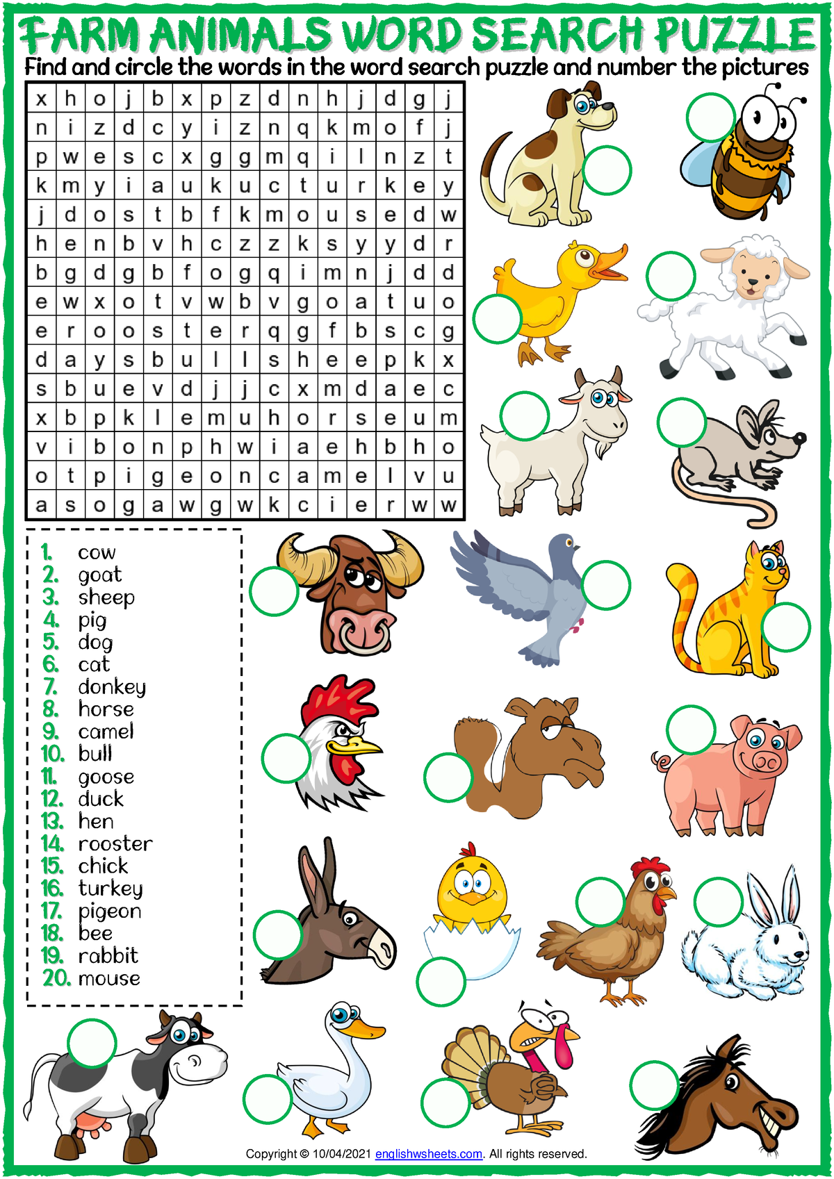 Farm animals vocabulary esl word search puzzle worksheet for kids ...