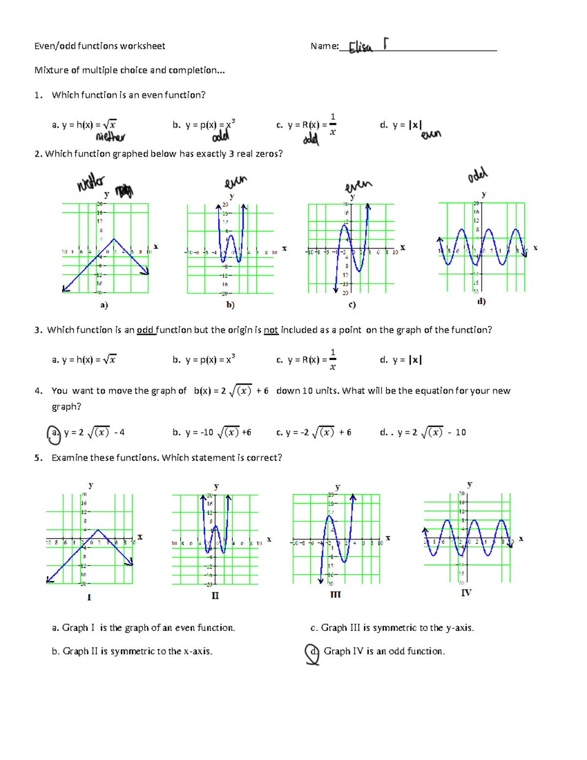 Test review symmetery etc - ####### Even/odd functions worksheet Name