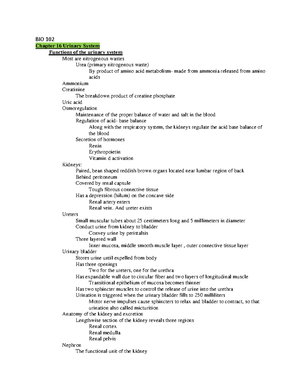 BIO 102 CH16Notes - Bio 102 Professor Wilson CH16 Notes on the Urinary ...