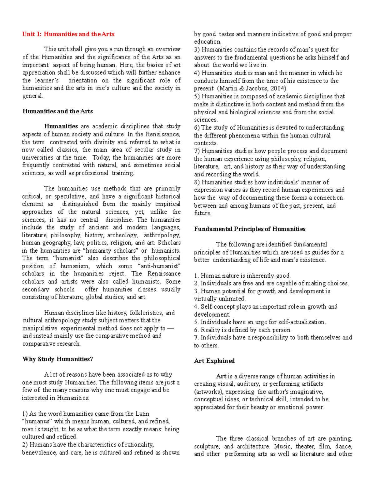 ART APP Reviewer UNIT 1 4 - Unit 1: Humanities and the Arts This unit ...