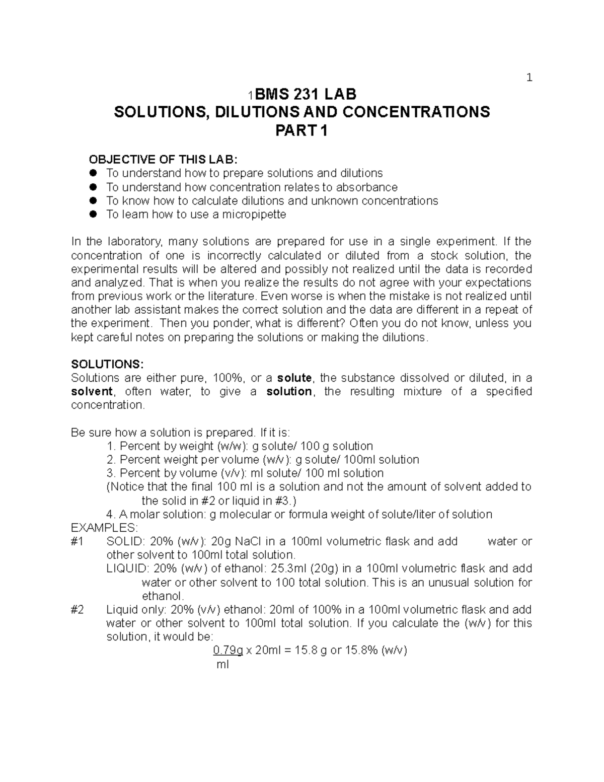 BMS231 Solutions, Dilutions, and Concentrations Lab Notes 1 1BMS 231